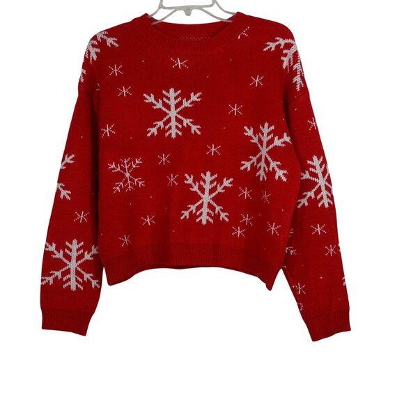 Shein Red Snowflake Acrylic Crewneck Cropped Sweater Women Size S Long Sleeve - Picture 1 of 8